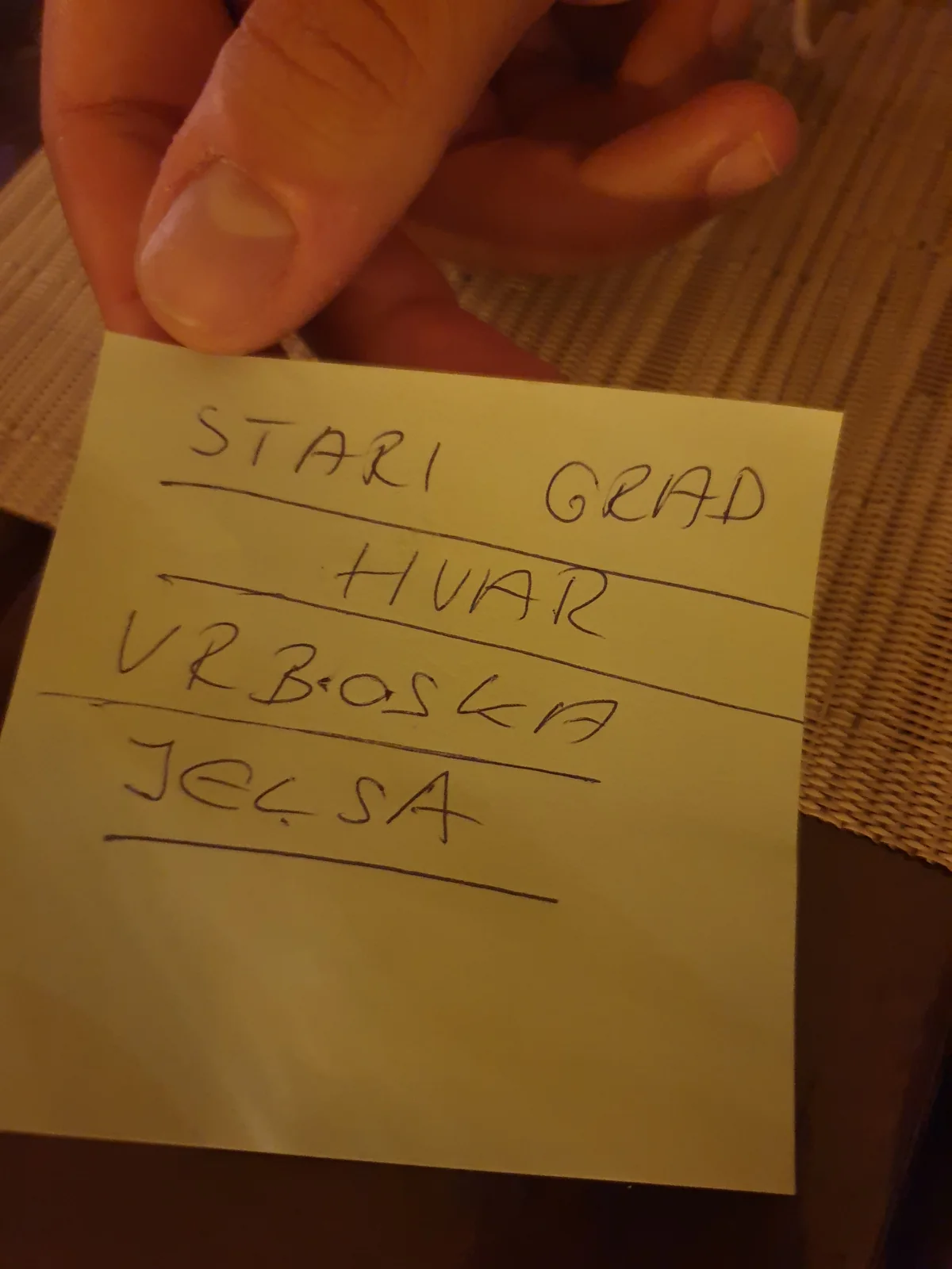 A handwritten note listing Stari Grad, Hvar, Vrboska and Jelsa — our plan for one day on the island