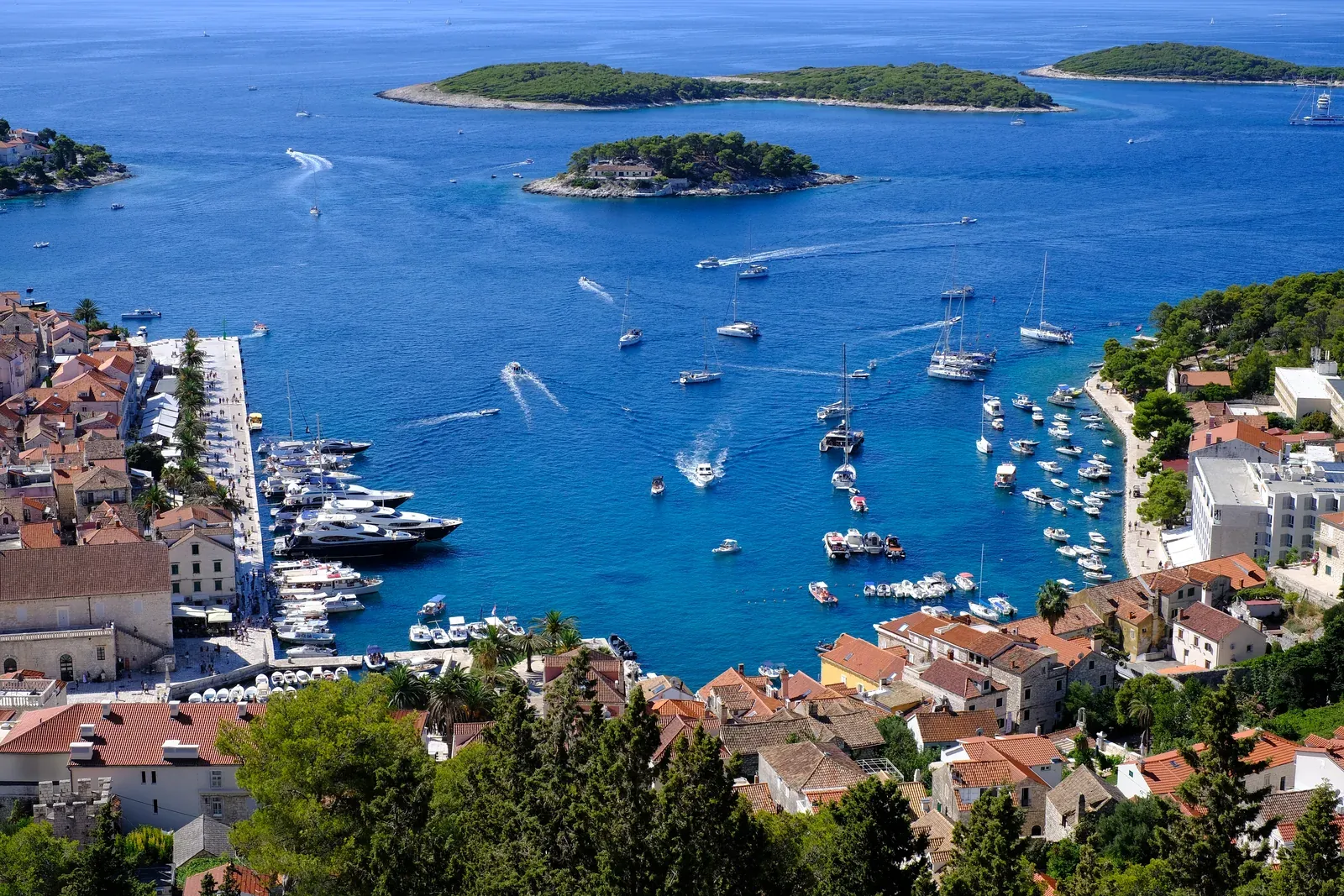 Hvar town and its harbour seen from the Spanish fortress, with the Pakleni islands offshore