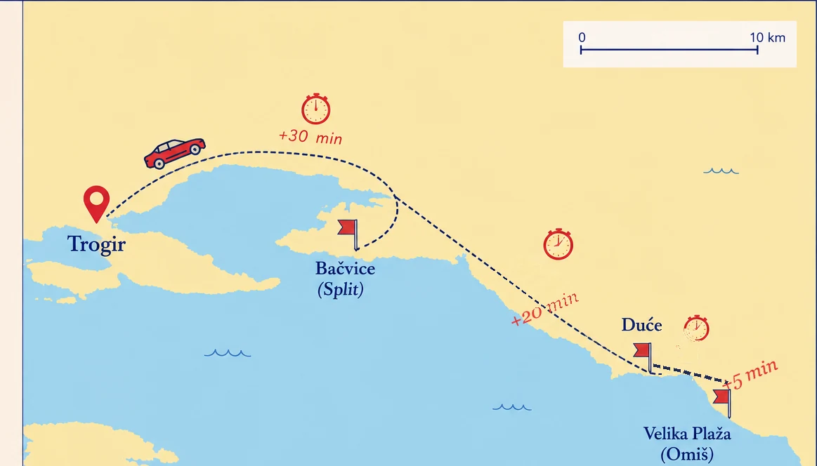 Illustrierte Karte der Küste östlich von Trogir mit den drei Sandstränden: Bačvice in Split etwa 30 Minuten entfernt, dann Duće und Velika Plaža bei Omiš etwa 50 Minuten entfernt