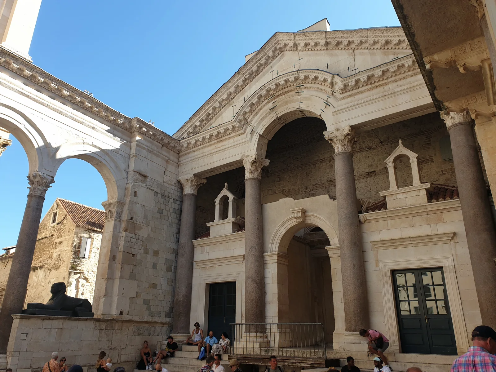 The Peristyle of Diocletian's Palace in Split, with its Roman columns and the cathedral bell tower