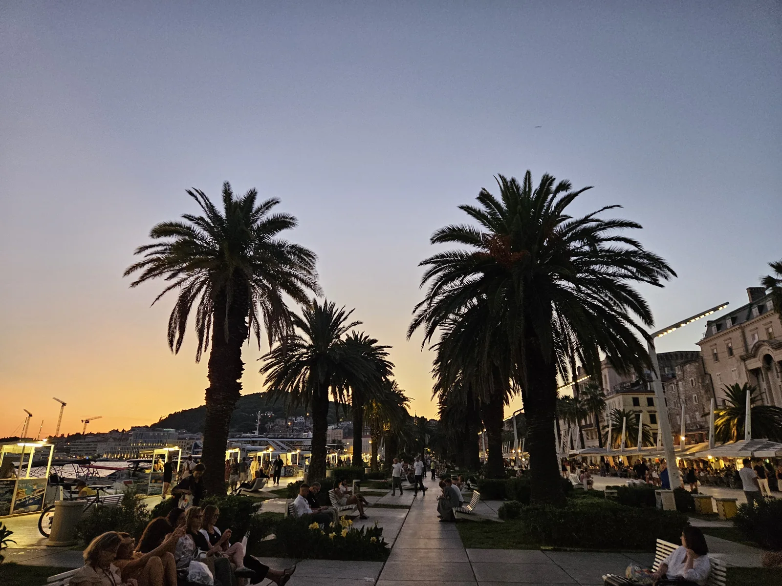 The Riva at dusk with palm silhouettes and evening crowds