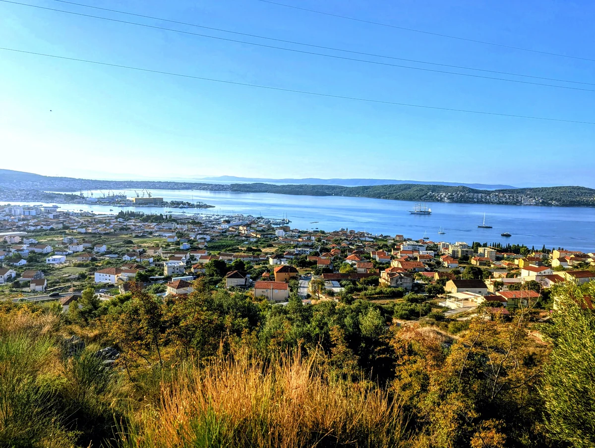 View from the hills above Seget Donji over a coastal village, the sea and islands